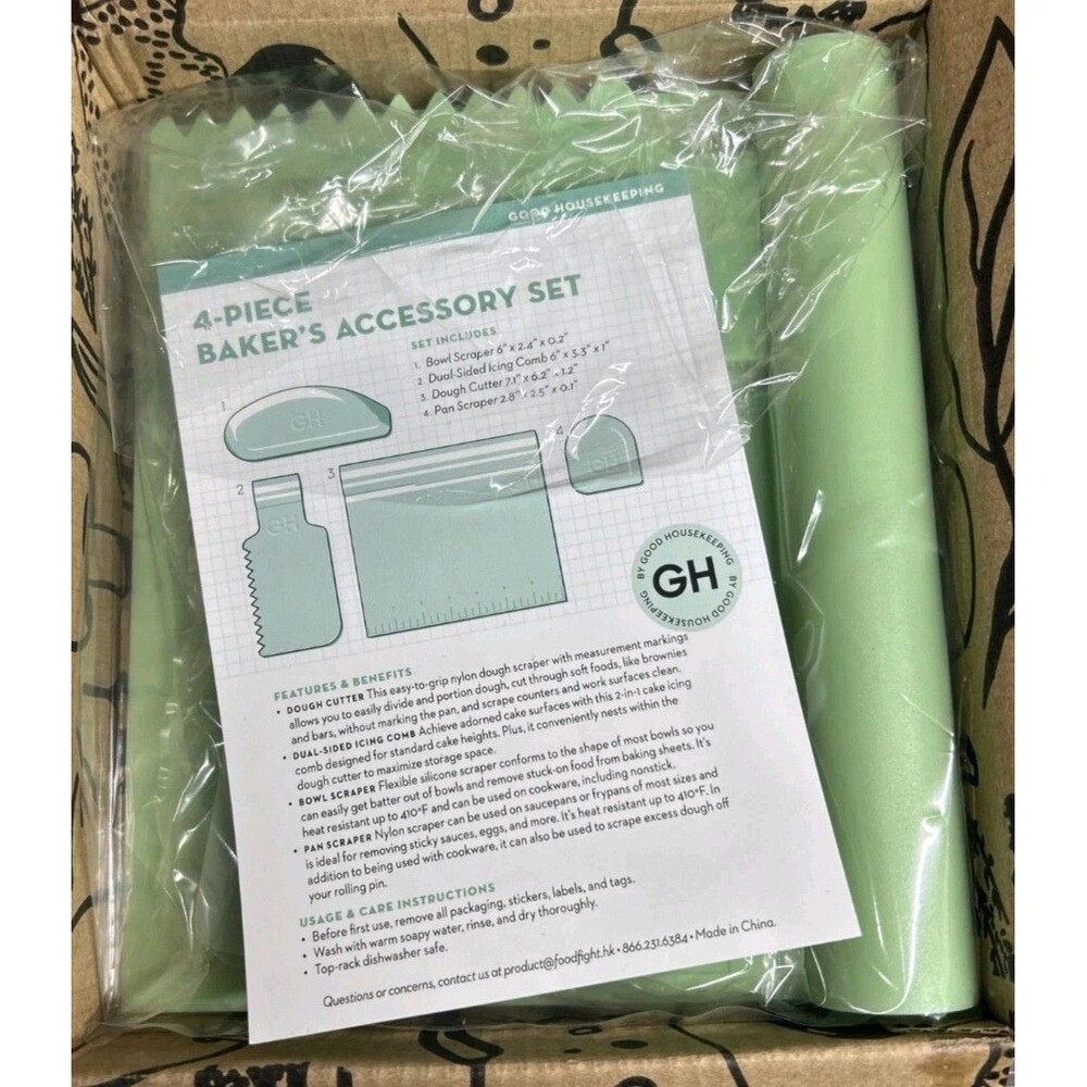Good Housekeeping 4-Pc Baker's Accessory Set Dough Cutter Scraper Comb Green New